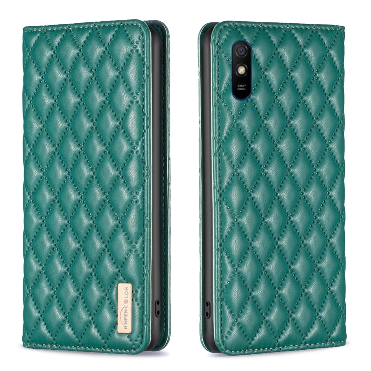 Green diamond lattice magnetic leather flip phone case with camera cutout