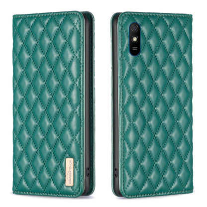 Green diamond lattice magnetic leather flip phone case with camera cutout