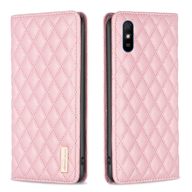 Pink diamond lattice magnetic leather flip phone case with fold-over cover