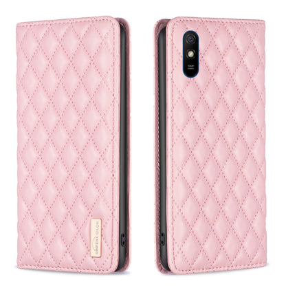 Pink diamond lattice magnetic leather flip phone case with fold-over cover
