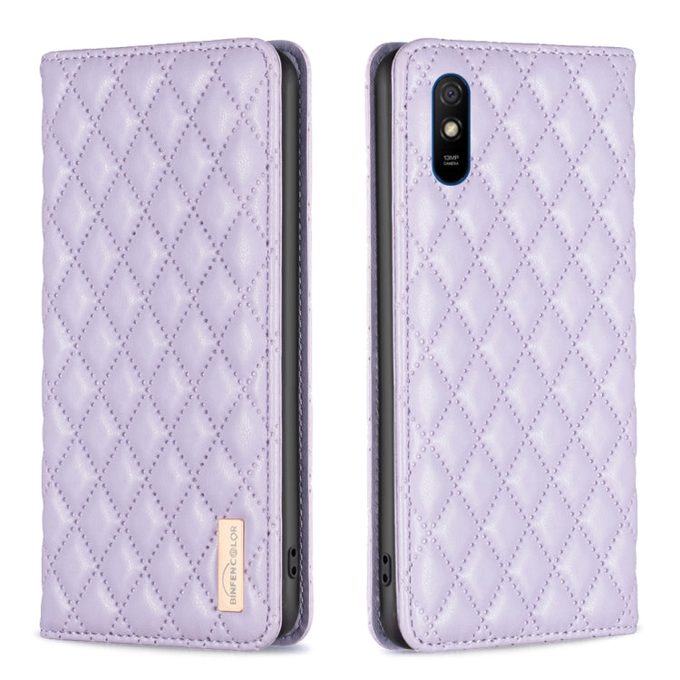 Purple diamond lattice magnetic leather flip phone case, back view with camera opening