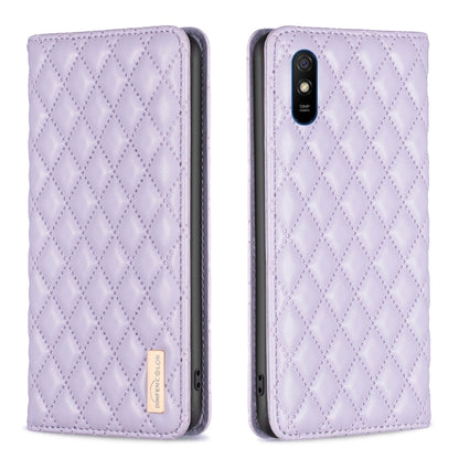 Purple diamond lattice magnetic leather flip phone case, back view with camera opening