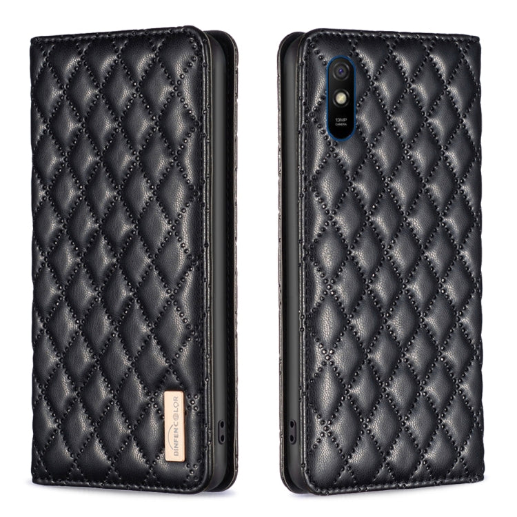 Black leather flip phone case with diamond lattice texture and magnetic closure