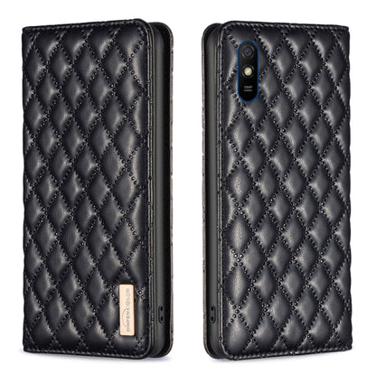 Black leather flip phone case with diamond lattice texture and magnetic closure