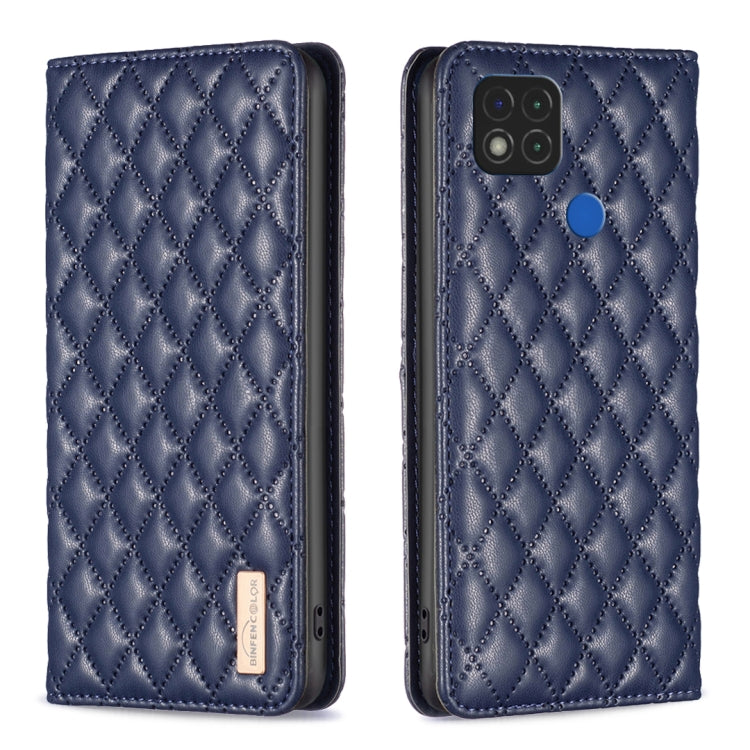 Blue leather flip phone case with diamond lattice texture and magnetic closure