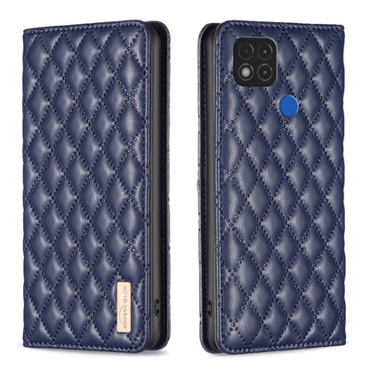 Blue leather flip phone case with diamond lattice texture and magnetic closure