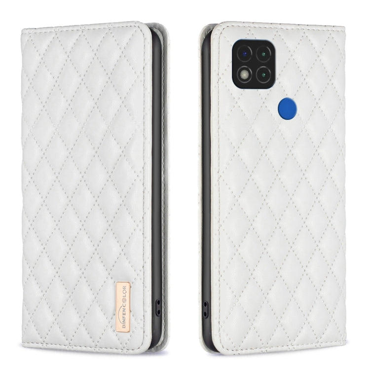 White leather flip phone case with diamond lattice texture and magnetic closure