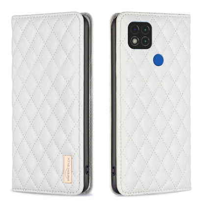 White leather flip phone case with diamond lattice texture and magnetic closure