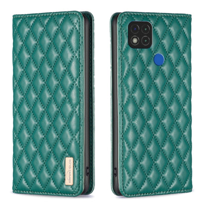 Green leather flip phone case with diamond lattice texture and magnetic closure