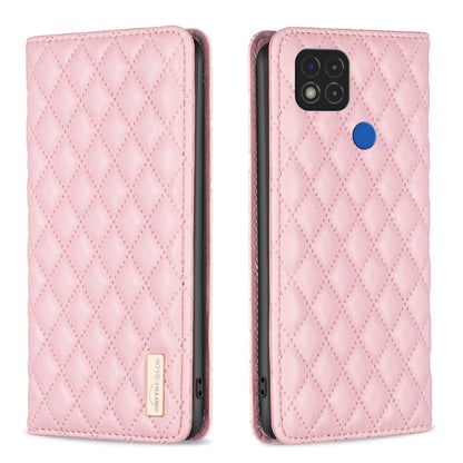 Pink leather flip phone case with diamond lattice texture and magnetic closure