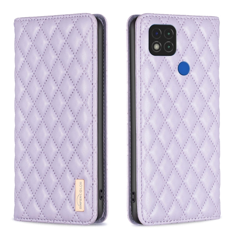 Purple leather flip phone case with diamond lattice texture and magnetic closure