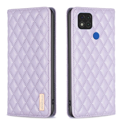 Purple leather flip phone case with diamond lattice texture and magnetic closure
