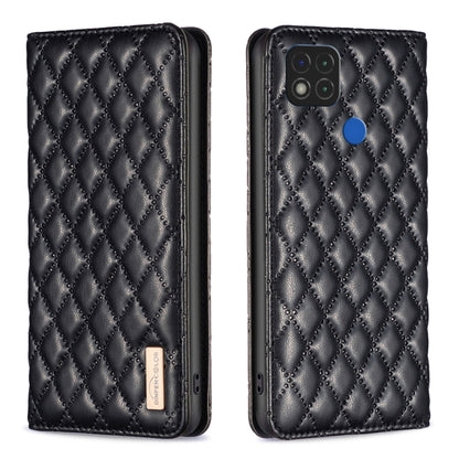 Black leather flip phone case with diamond lattice texture and magnetic closure
