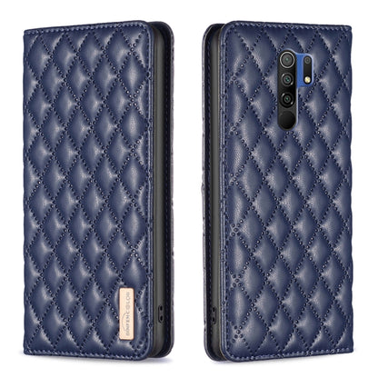 Blue leather flip phone case with diamond lattice texture and magnetic closure