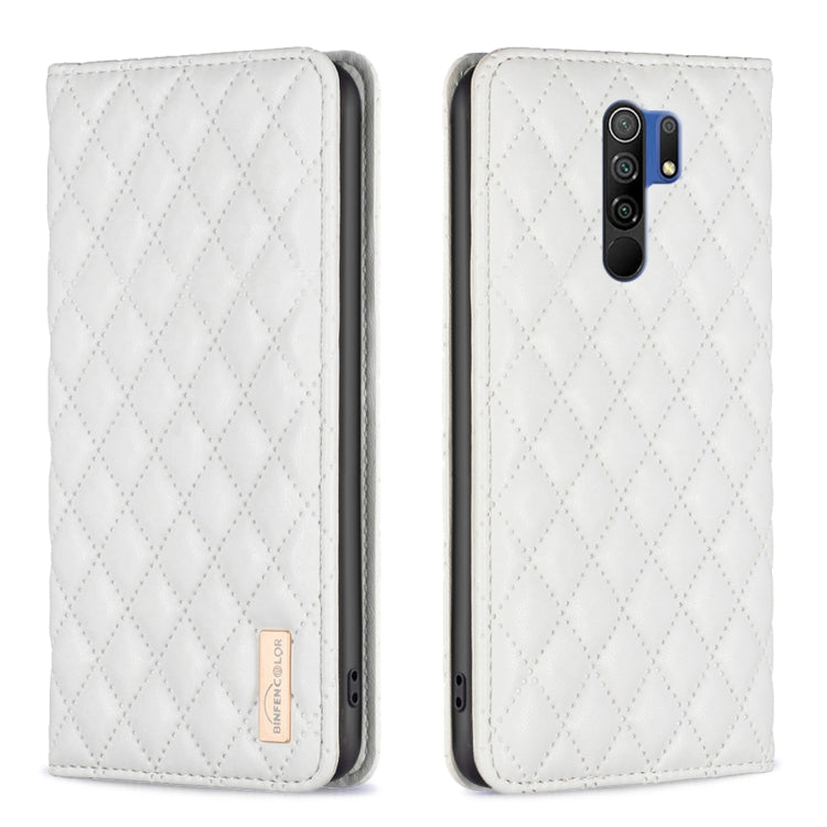 White leather flip phone case with diamond lattice texture and magnetic closure