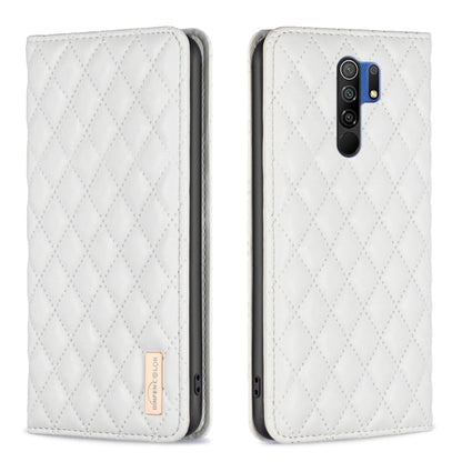 White leather flip phone case with diamond lattice texture and magnetic closure