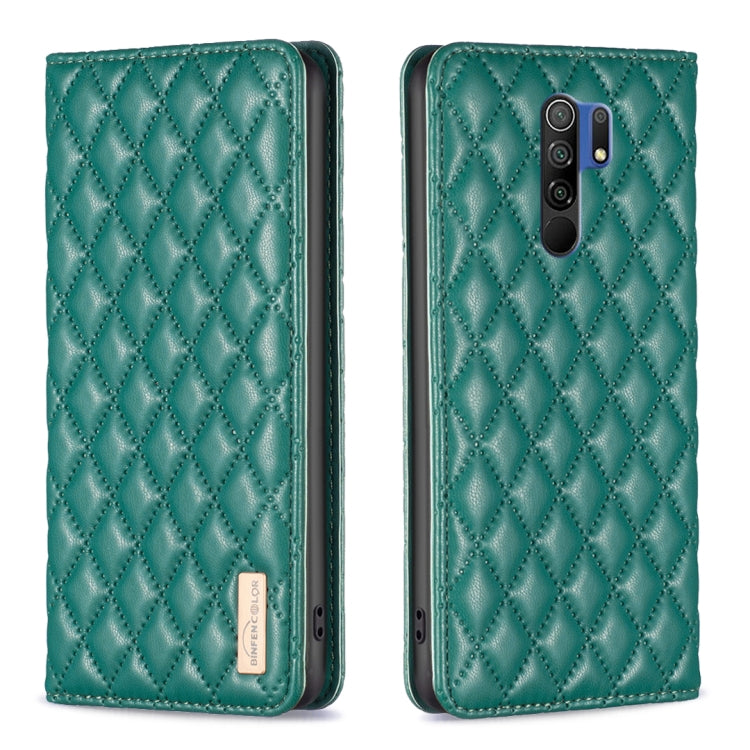 Green leather flip phone case with diamond lattice texture and magnetic closure