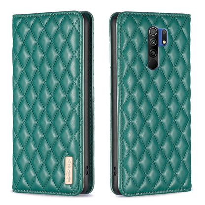 Green leather flip phone case with diamond lattice texture and magnetic closure