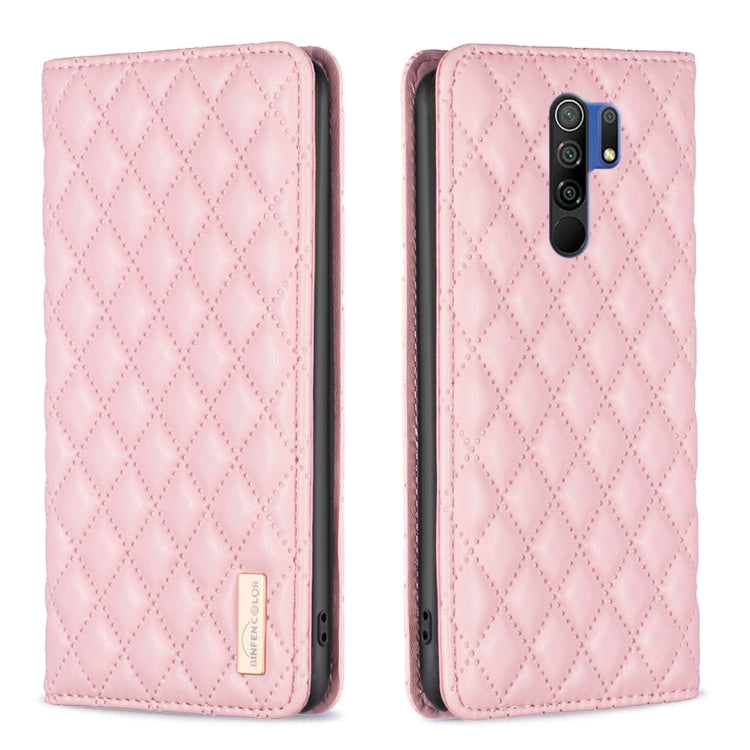 Pink diamond-lattice leather flip phone case with magnetic closure; front closed, back exposed.