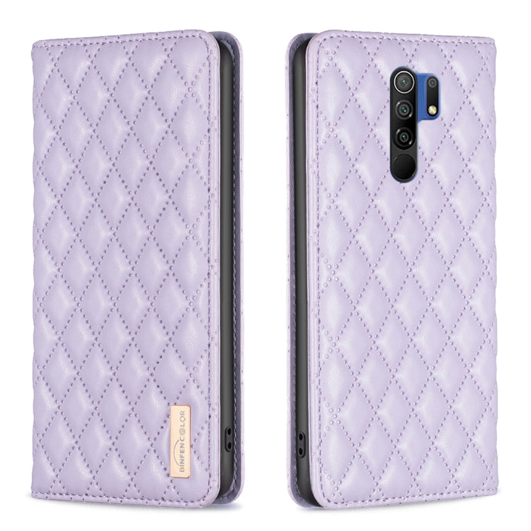 Lavender diamond-lattice leather flip phone case with magnetic closure; front closed, back exposed.