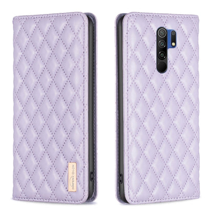 Lavender diamond-lattice leather flip phone case with magnetic closure; front closed, back exposed.