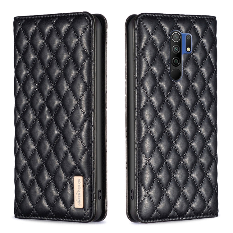 Black diamond-lattice leather flip phone case with magnetic closure; front closed, back exposed.