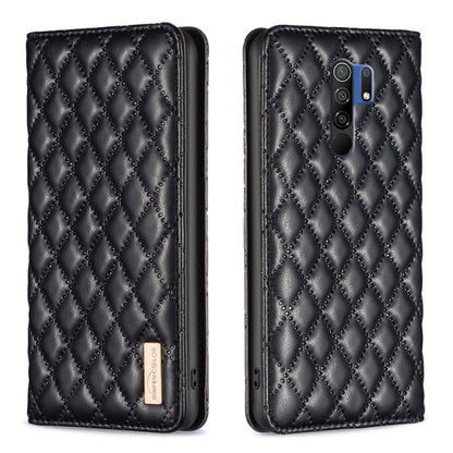 Black diamond-lattice leather flip phone case with magnetic closure; front closed, back exposed.
