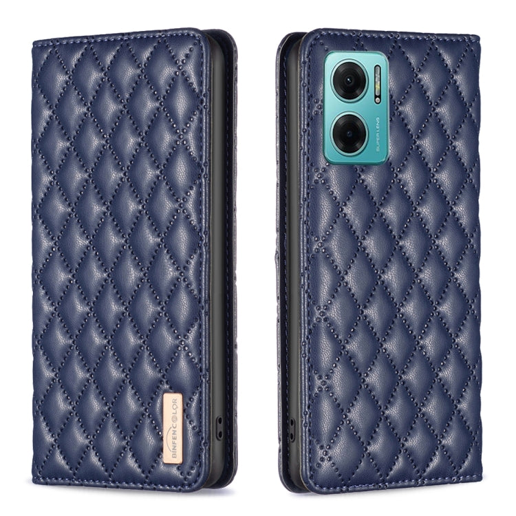 Blue diamond-lattice leather flip phone case with magnetic closure; front closed, back exposed.