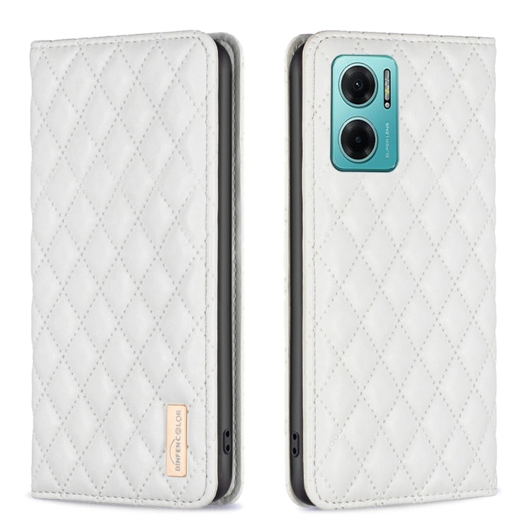 White diamond-lattice leather flip phone case with magnetic closure; front closed, back exposed.