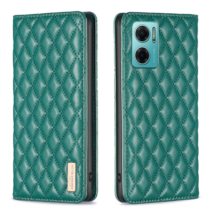 Green diamond-lattice leather flip phone case with magnetic closure; front closed, back exposed.