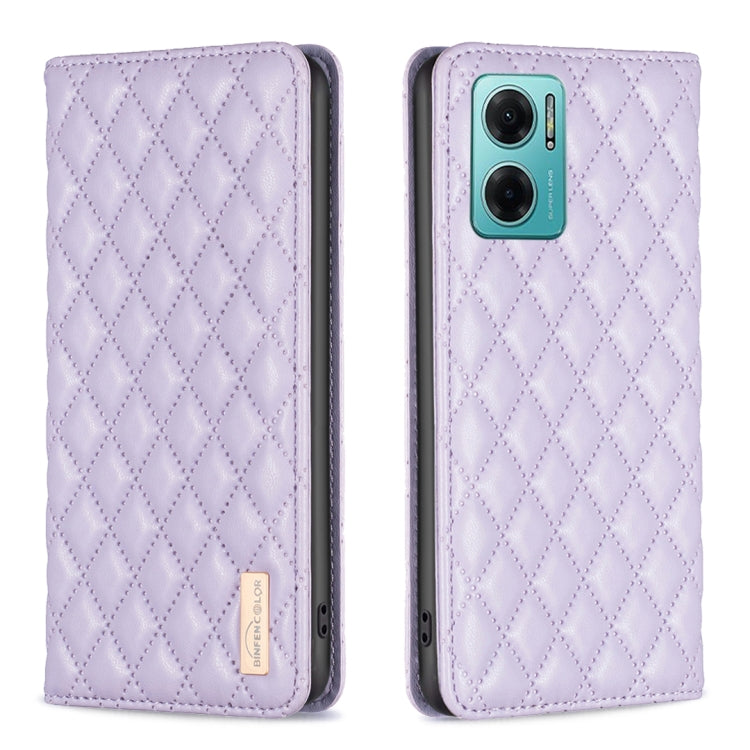 Lavender diamond-lattice leather flip phone case with magnetic closure; front closed, camera side visible.