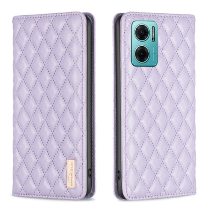 Lavender diamond-lattice leather flip phone case with magnetic closure; front closed, camera side visible.