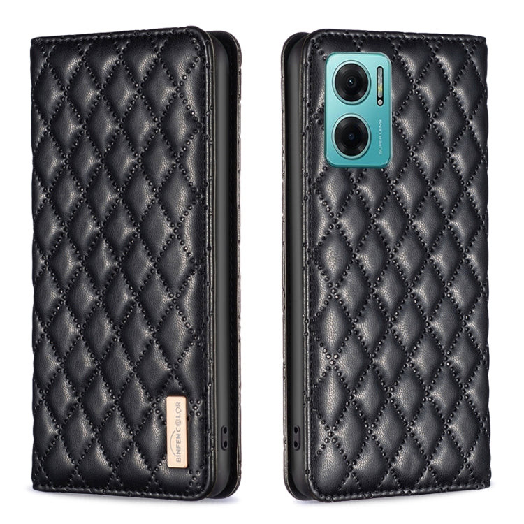 Black diamond-lattice leather flip phone case with magnetic closure; front closed, camera side visible.