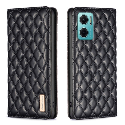Black diamond-lattice leather flip phone case with magnetic closure; front closed, camera side visible.