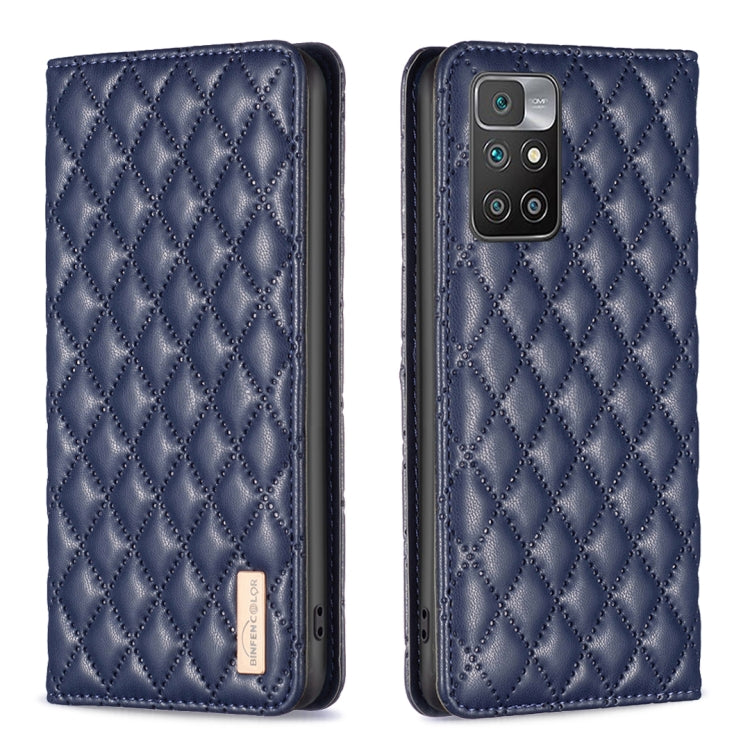 Blue diamond-lattice leather flip phone case with magnetic closure; front closed, camera side visible.