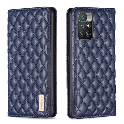 Blue diamond-lattice leather flip phone case with magnetic closure; front closed, camera side visible.