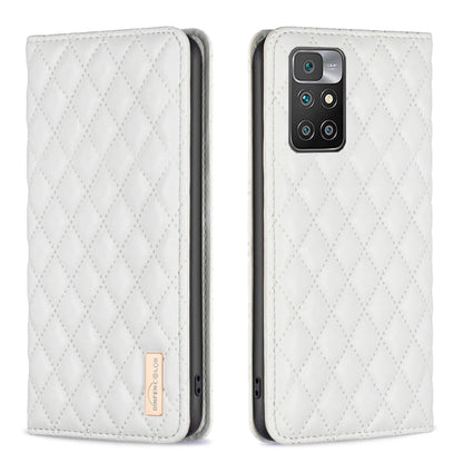 White magnetic leather flip phone case with diamond lattice texture and card holder cutout