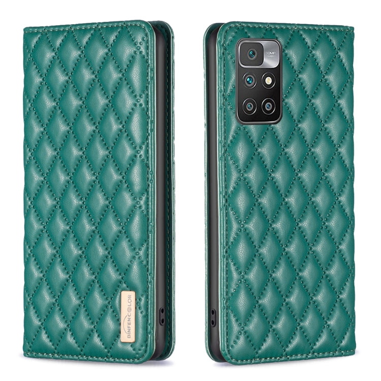 Green magnetic leather flip phone case with diamond lattice texture, camera cutout view