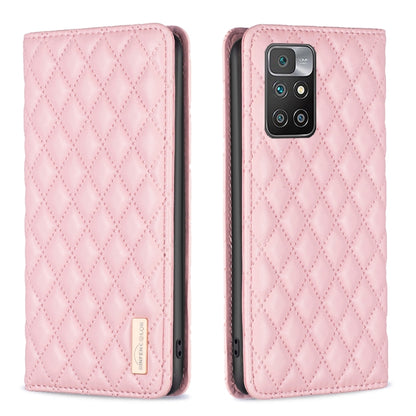 Pink magnetic leather flip phone case with diamond lattice texture and phone camera openings