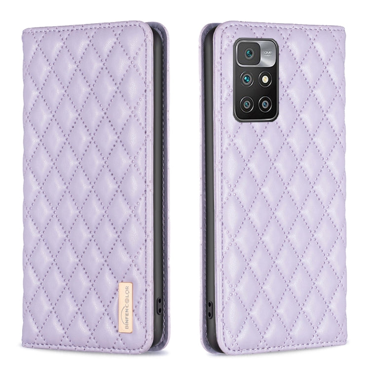 Lilac magnetic leather flip phone case with diamond lattice texture, camera cutout view