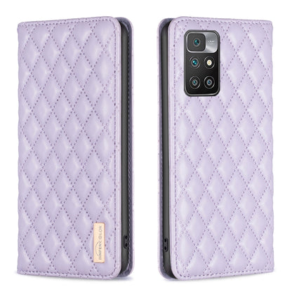 Lilac magnetic leather flip phone case with diamond lattice texture, camera cutout view