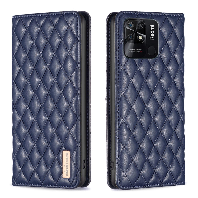 Blue magnetic leather flip phone case with diamond lattice texture, phone back camera cutout