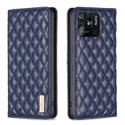 Blue magnetic leather flip phone case with diamond lattice texture, phone back camera cutout