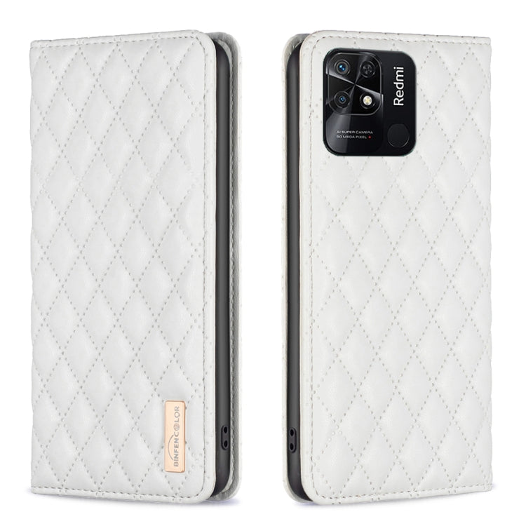 White magnetic leather flip phone case with diamond lattice texture, phone back camera cutout