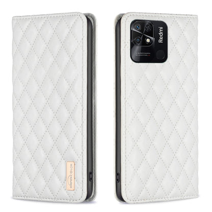 White magnetic leather flip phone case with diamond lattice texture, phone back camera cutout