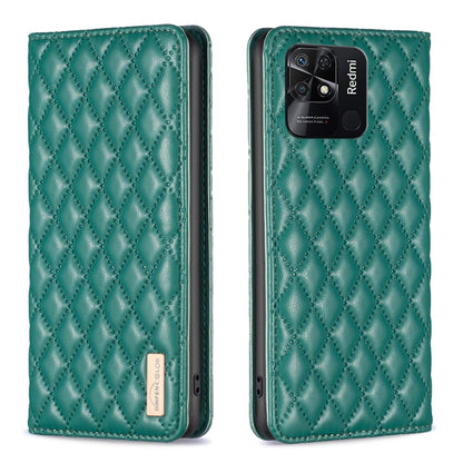 Green magnetic leather flip phone case with diamond lattice texture and phone back camera cutout