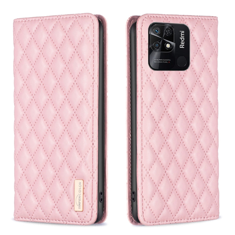 Pink magnetic leather flip phone case with diamond lattice texture, phone back camera cutout