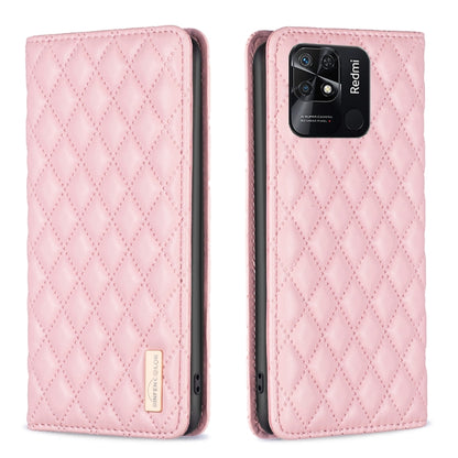 Pink magnetic leather flip phone case with diamond lattice texture, phone back camera cutout