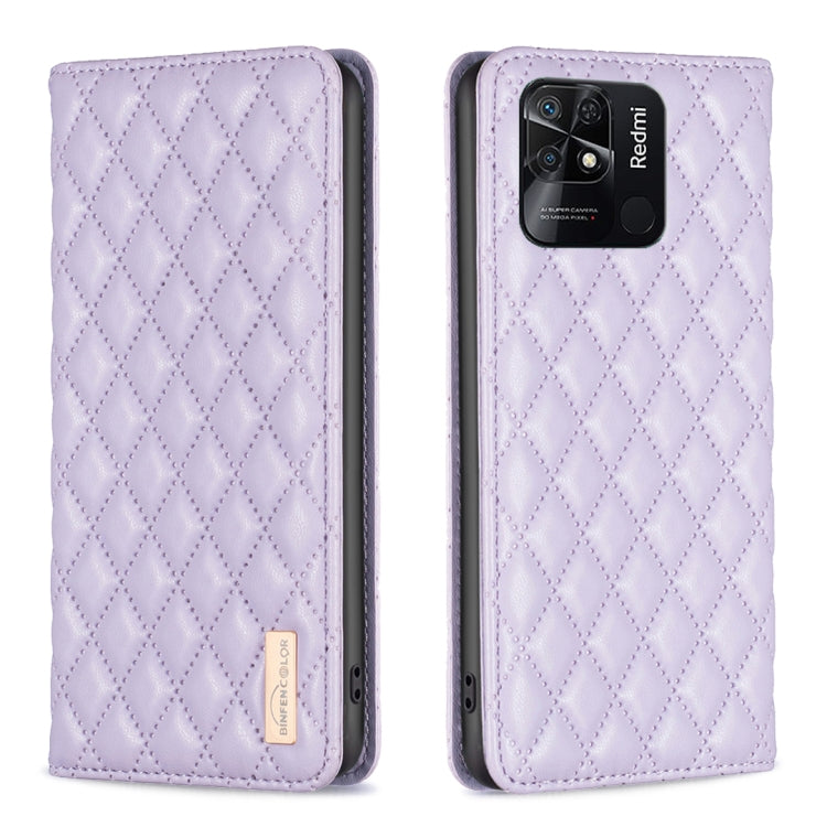 Lilac magnetic leather flip phone case with diamond lattice texture, phone back camera cutout