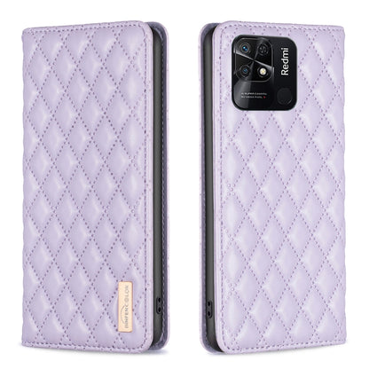 Lilac magnetic leather flip phone case with diamond lattice texture, phone back camera cutout